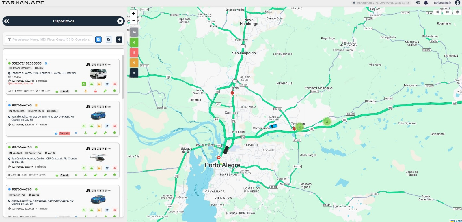 Lista de dispositivos e mapa de rastreamento